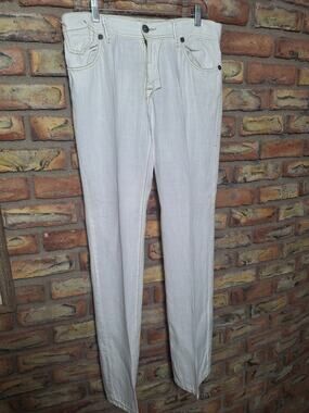 Division E White Linen Blend Pant Gold Contrast Stitching 33x33 Y2K Mens Cleaned